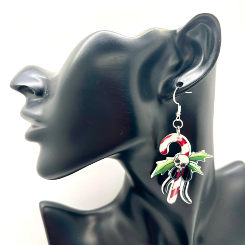 Skull Candy Cane Earrings - Christmas Earrings - Halloween Earrings - Goth Earri - Picture 7 of 7